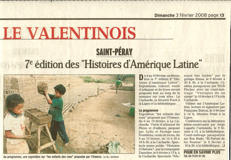 7 eme édition semaine "Histoires d'Amérique latine" de Saint-Péray en ardèche avec l'association Ayllu et Partage sans Frontières - la presse - article 01