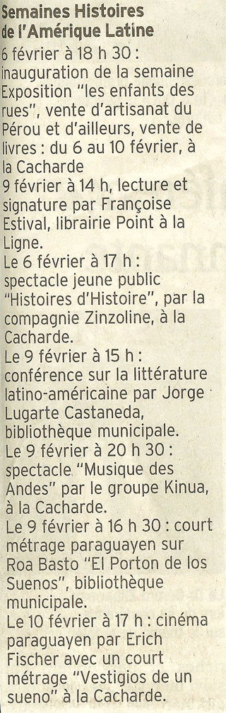 Article du dauphiné Libéré en février 2008, semaine Amérique latine de Saint-Péray