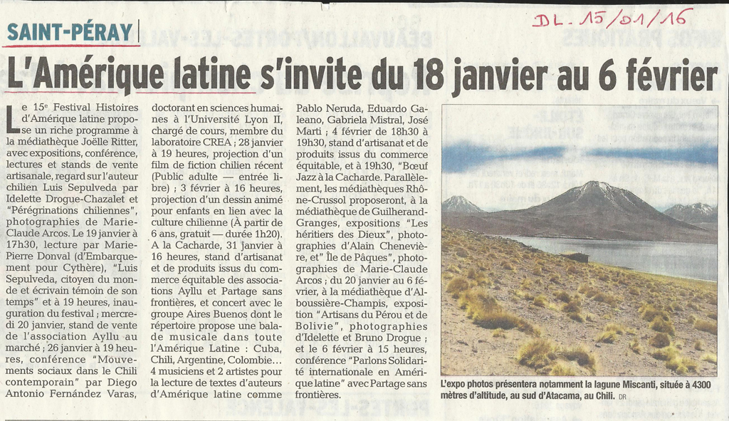 15 eme édition semaine "Histoires d'Amérique latine" de Saint-Péray en ardèche avec l'association Ayllu et Partage sans Frontières - la presse - article du Dauphiné libéré